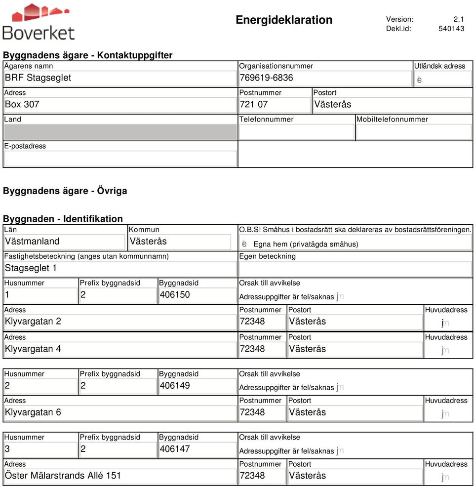 - Övriga Byggnaden - Identifikation Län Västmanland Kommun Fastighetsbeteckning (anges utan kommunnamn) Stagseglet 1 Husnummer 1 Klyvargatan Klyvargatan 4 Prefix byggnadsid Byggnadsid 40150 O.B.S! Småhus i bostadsrätt ska deklareras av bostadsrättsföreningen.