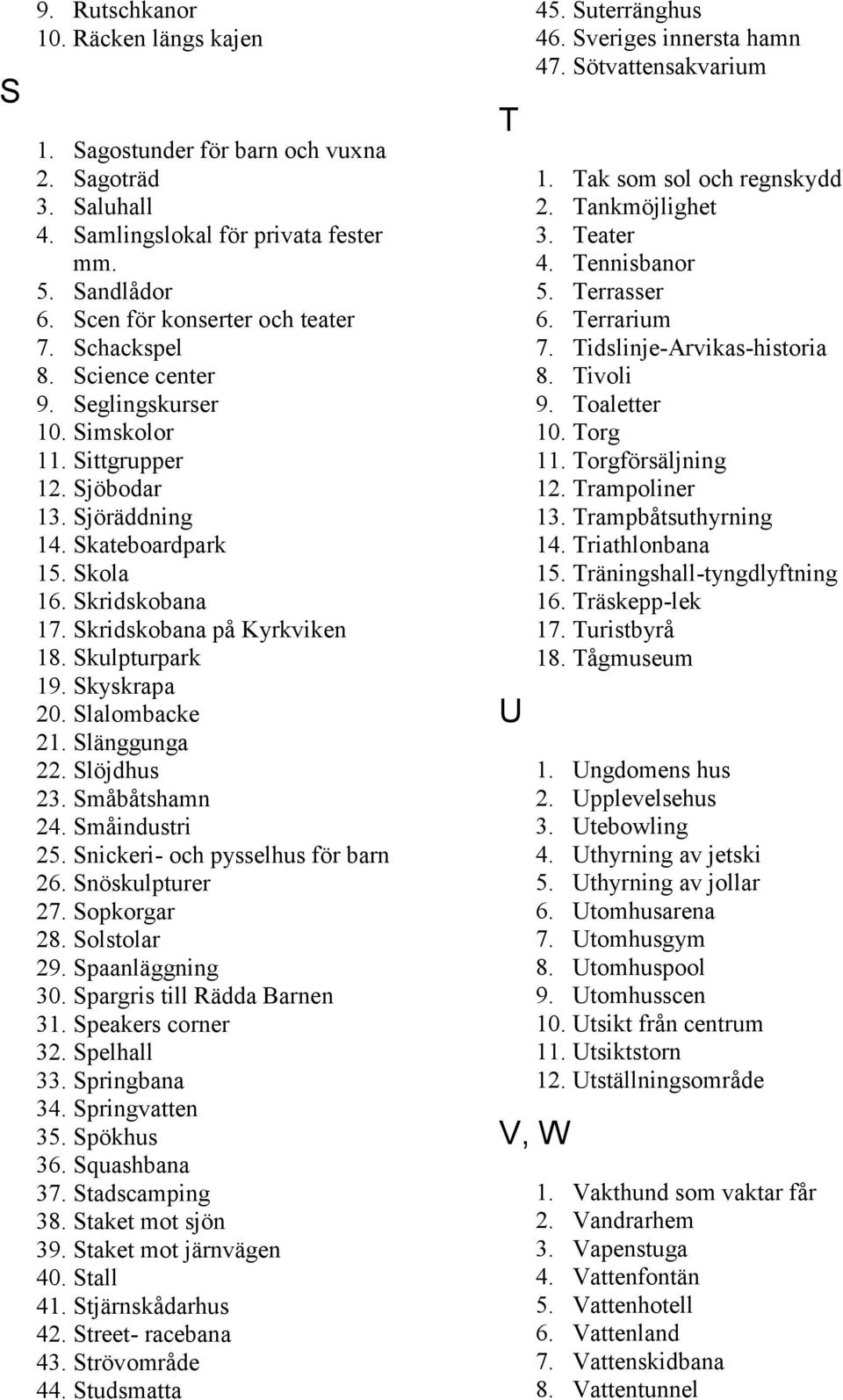 Skyskrapa 20. Slalombacke 21. Slänggunga 22. Slöjdhus 23. Småbåtshamn 24. Småindustri 25. Snickeri- och pysselhus för barn 26. Snöskulpturer 27. Sopkorgar 28. Solstolar 29. Spaanläggning 30.