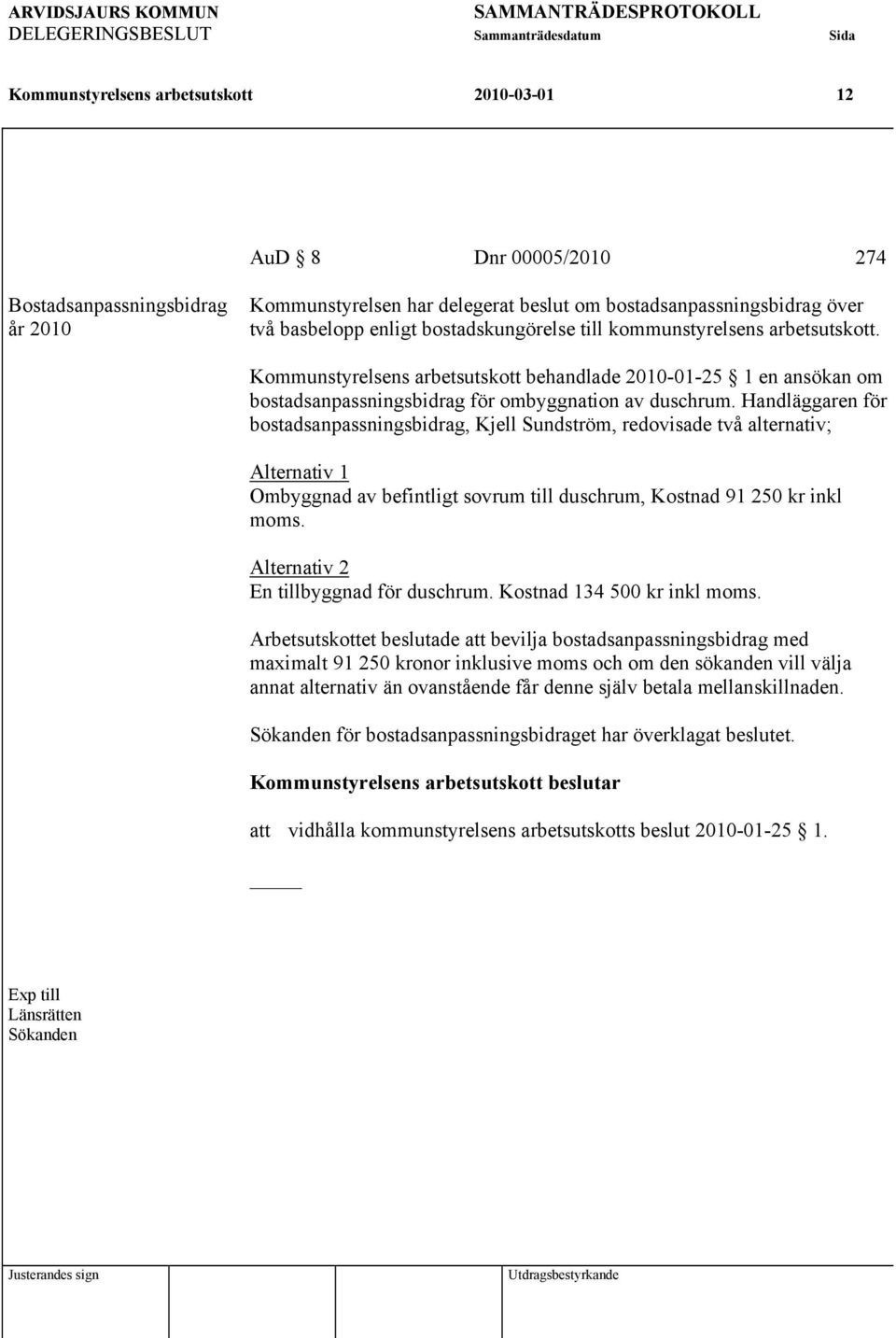 Handläggaren för bostadsanpassningsbidrag, Kjell Sundström, redovisade två alternativ; Alternativ 1 Ombyggnad av befintligt sovrum till duschrum, Kostnad 91 250 kr inkl moms.