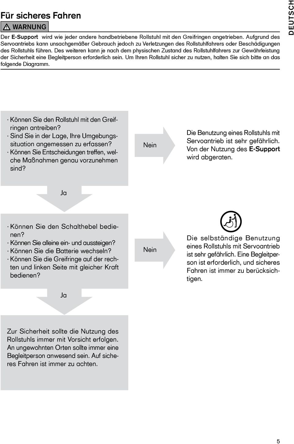 Des weiteren kann je nach dem physischen Zustand des Rollstuhlfahrers zur Gewährleistung der Sicherheit eine Begleitperson erforderlich sein.