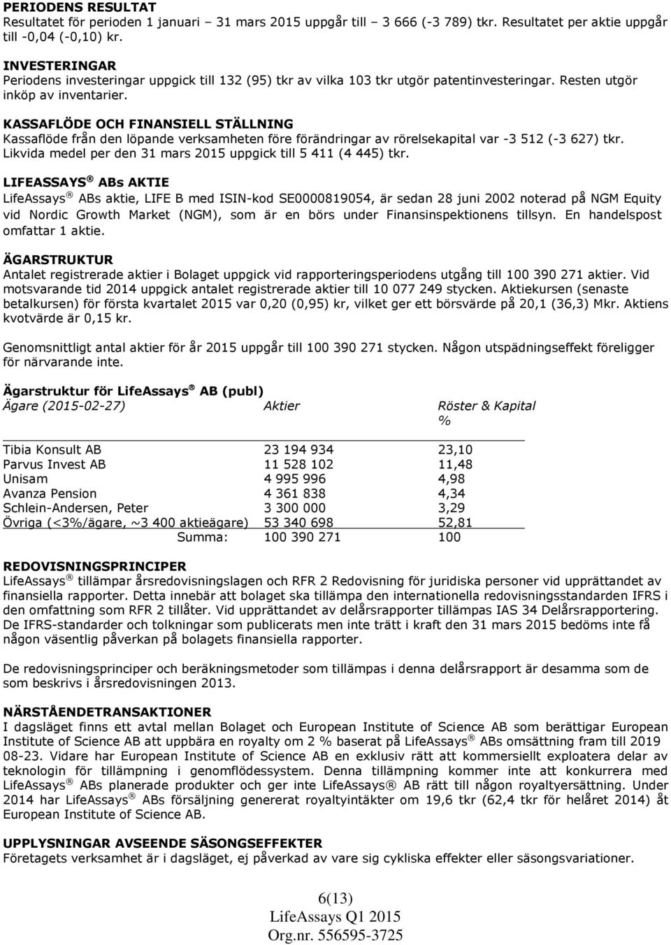 KASSAFLÖDE OCH FINANSIELL STÄLLNING Kassaflöde från den löpande verksamheten före förändringar av rörelsekapital var -3 512 (-3 627) tkr.