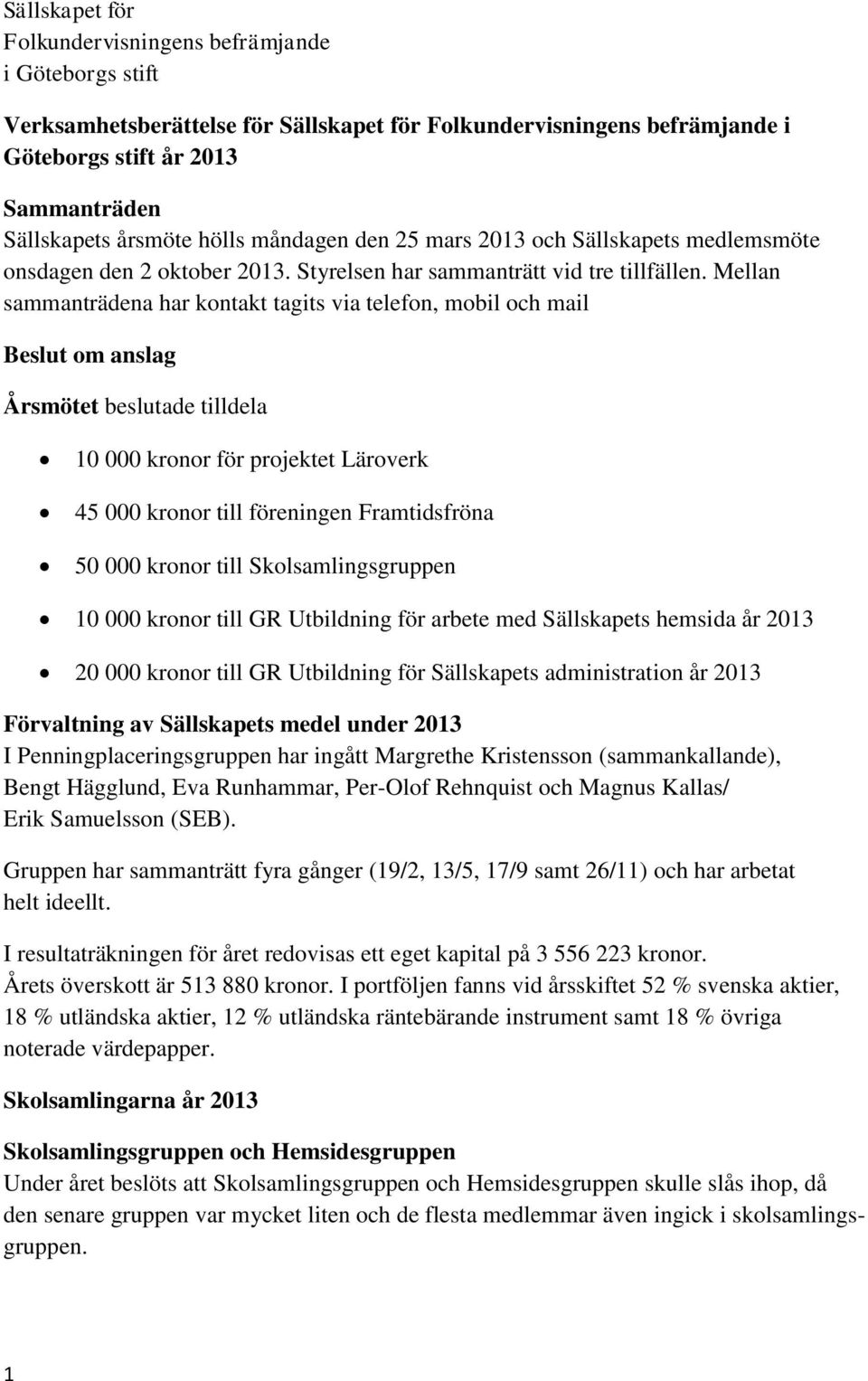 Mellan sammanträdena har kontakt tagits via telefon, mobil och mail Beslut om anslag Årsmötet beslutade tilldela 10 000 kronor för projektet Läroverk 45 000 kronor till föreningen Framtidsfröna 50