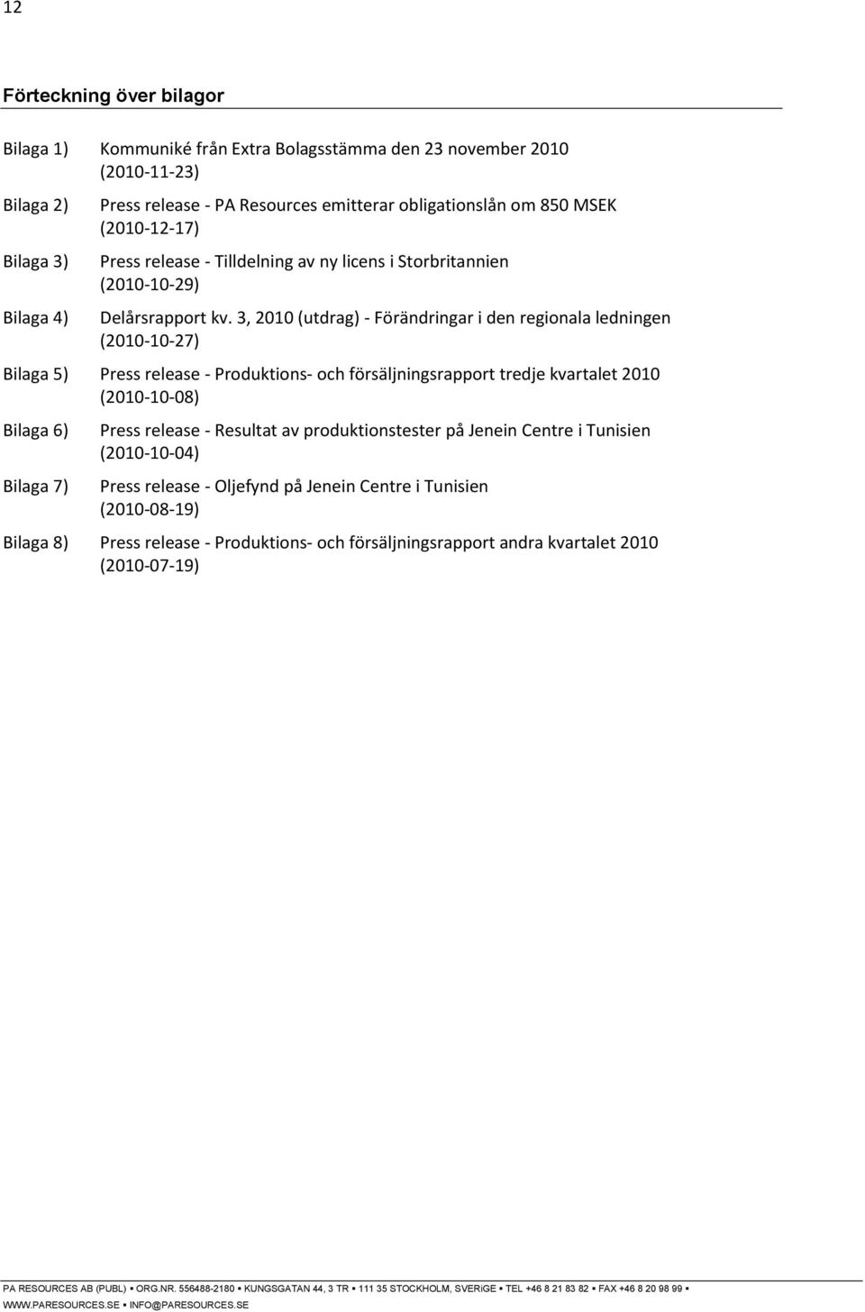 3, 2010 (utdrag) - Förändringar i den regionala ledningen (2010-10-27) Bilaga 5) Press release - Produktions- och försäljningsrapport tredje kvartalet 2010 (2010-10-08) Bilaga 6) Bilaga