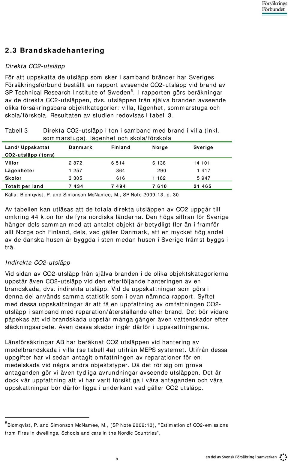 utsläppen från själva branden avseende olika försäkringsbara objektkategorier: villa, lägenhet, sommarstuga och skola/förskola. Resultaten av studien redovisas i tabell 3.