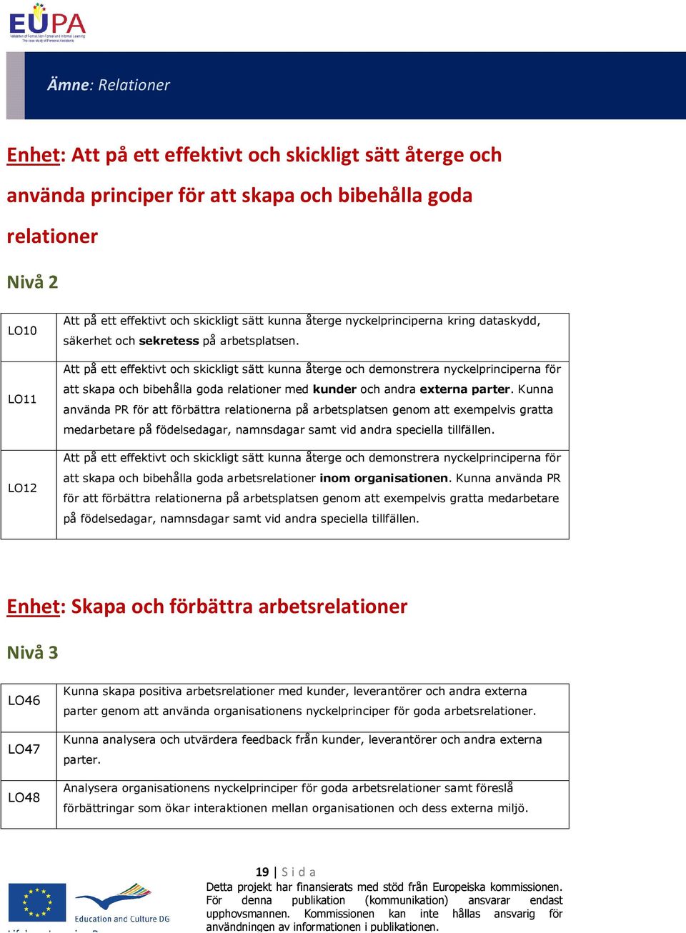 Att på ett effektivt och skickligt sätt kunna återge och demonstrera nyckelprinciperna för att skapa och bibehålla goda relationer med kunder och andra externa parter.