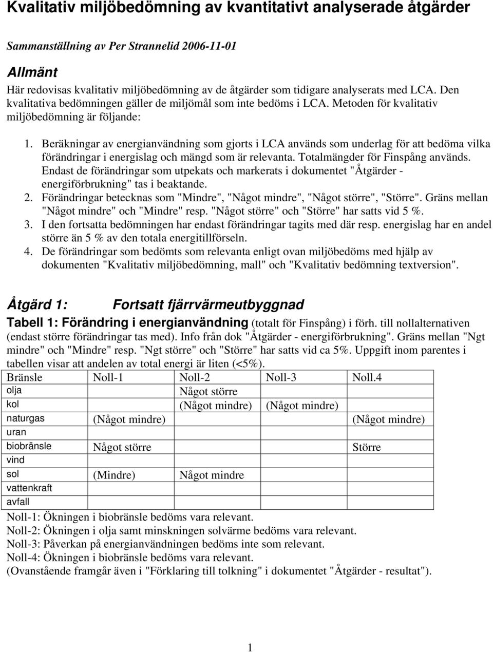 Beräkningar av energianvändning som gjorts i LCA används som underlag för att bedöma vilka förändringar i energislag och mängd som är relevanta. Totalmängder för Finspång används.