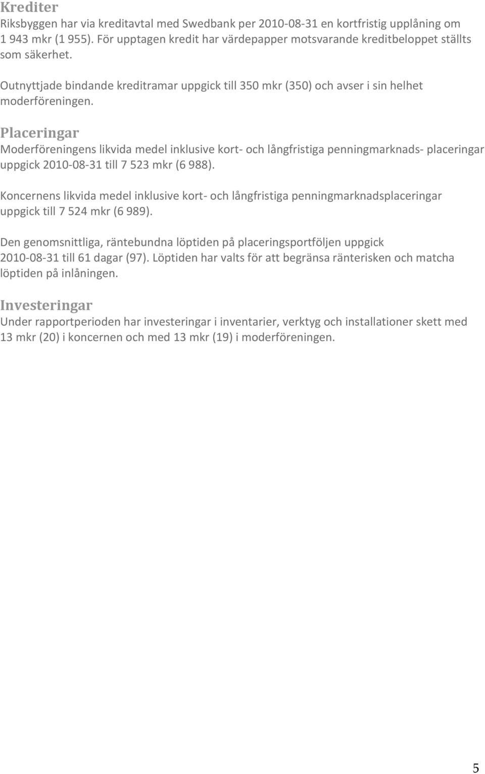 Placeringar Moderföreningens likvida medel inklusive kort- och långfristiga penningmarknads- placeringar uppgick 2010-08-31 till 7 523 mkr (6 988).