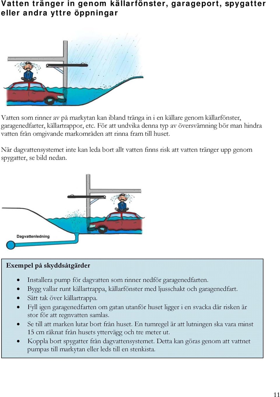 När dagvattensystemet inte kan leda bort allt vatten finns risk att vatten tränger upp genom spygatter, se bild nedan.