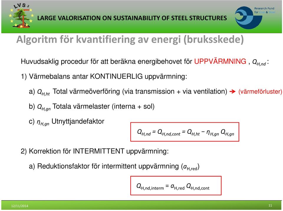 Q H,gn Totala värmelaster (interna + sol) c) η H,gn Utnyttjandefaktor Q H,nd = Q H,nd,cont = Q H,ht η H,gn Q H,gn 2) Korrektion för