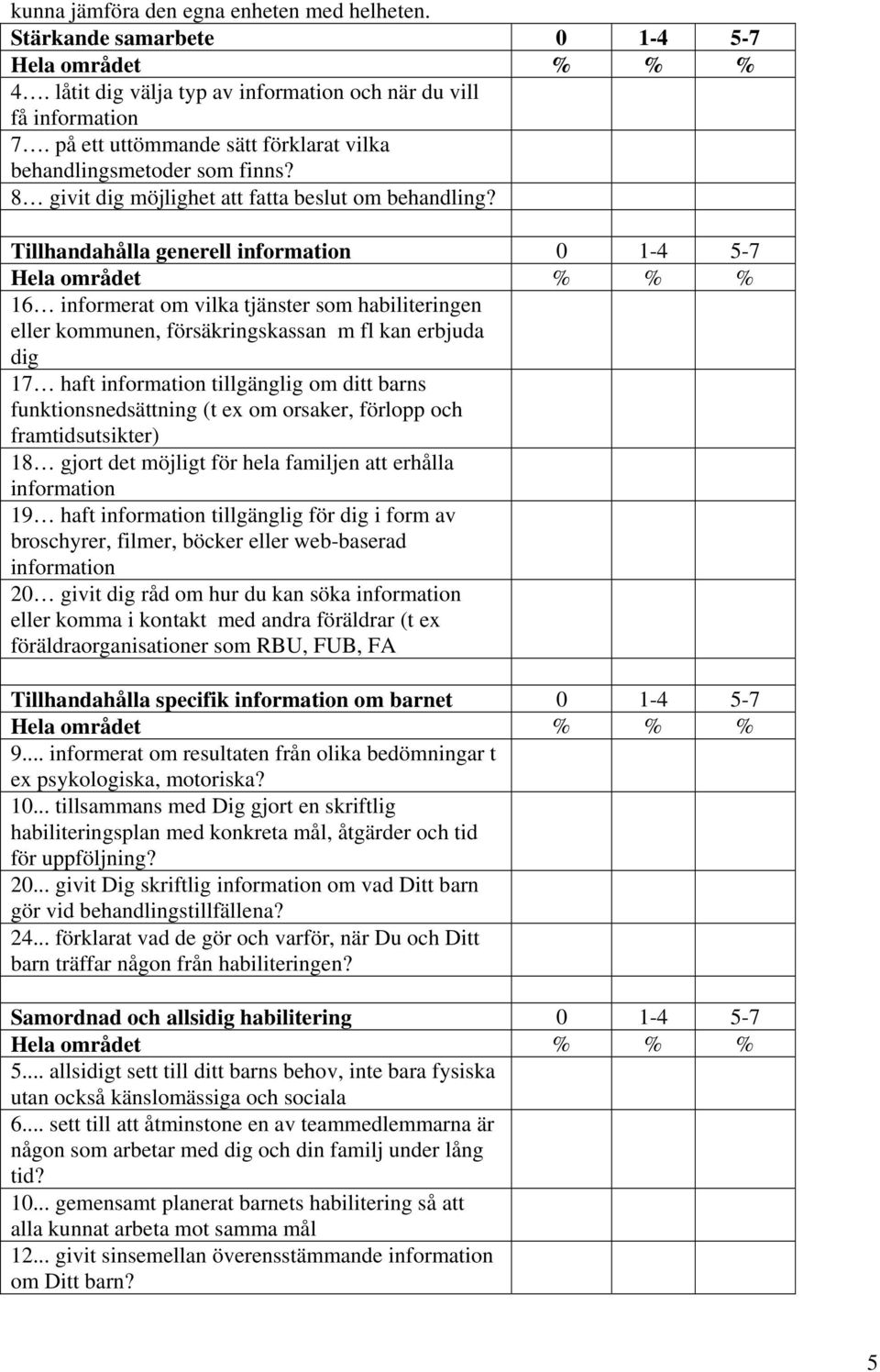 Tillhandahålla generell information 0 1-4 5-7 16 informerat om vilka tjänster som habiliteringen eller kommunen, försäkringskassan m fl kan erbjuda dig 17 haft information tillgänglig om ditt barns