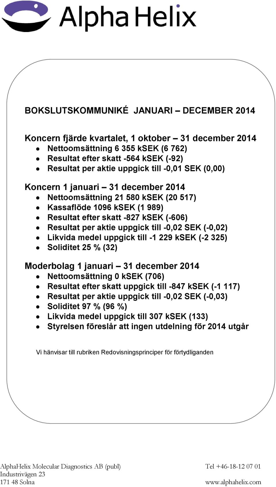 (-0,02) Likvida medel uppgick till -1 229 ksek (-2 325) Soliditet 25 % (32) Moderbolag 1 januari 31 december 2014 Nettoomsättning 0 ksek (706) Resultat efter skatt uppgick till -847 ksek (-1 117)