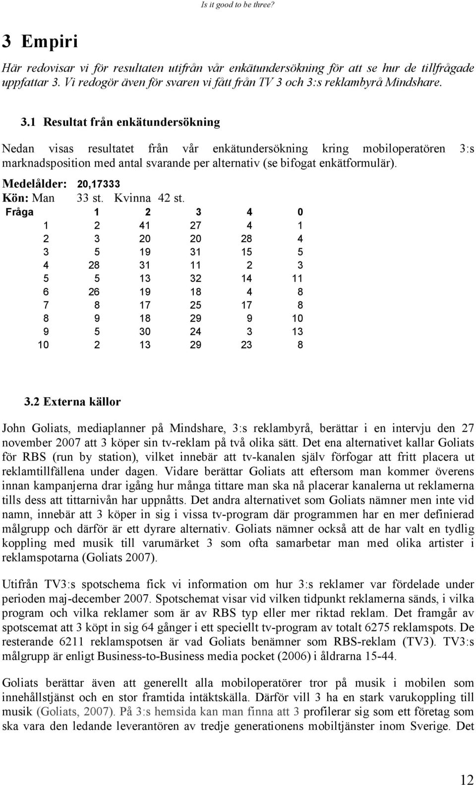 och 3:s reklambyrå Mindshare. 3.1 Resultat från enkätundersökning Nedan visas resultatet från vår enkätundersökning kring mobiloperatören 3:s marknadsposition med antal svarande per alternativ (se bifogat enkätformulär).
