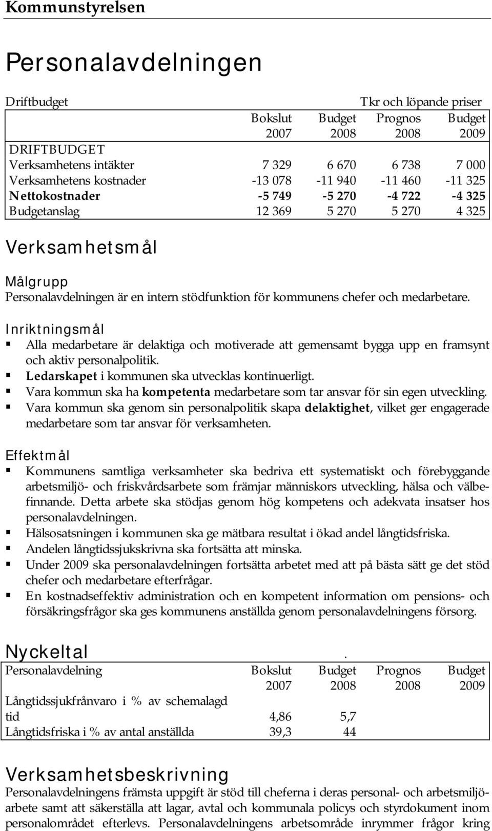 Inriktningsmål Alla medarbetare är delaktiga och motiverade att gemensamt bygga upp en framsynt och aktiv personalpolitik. Ledarskapet i kommunen ska utvecklas kontinuerligt.