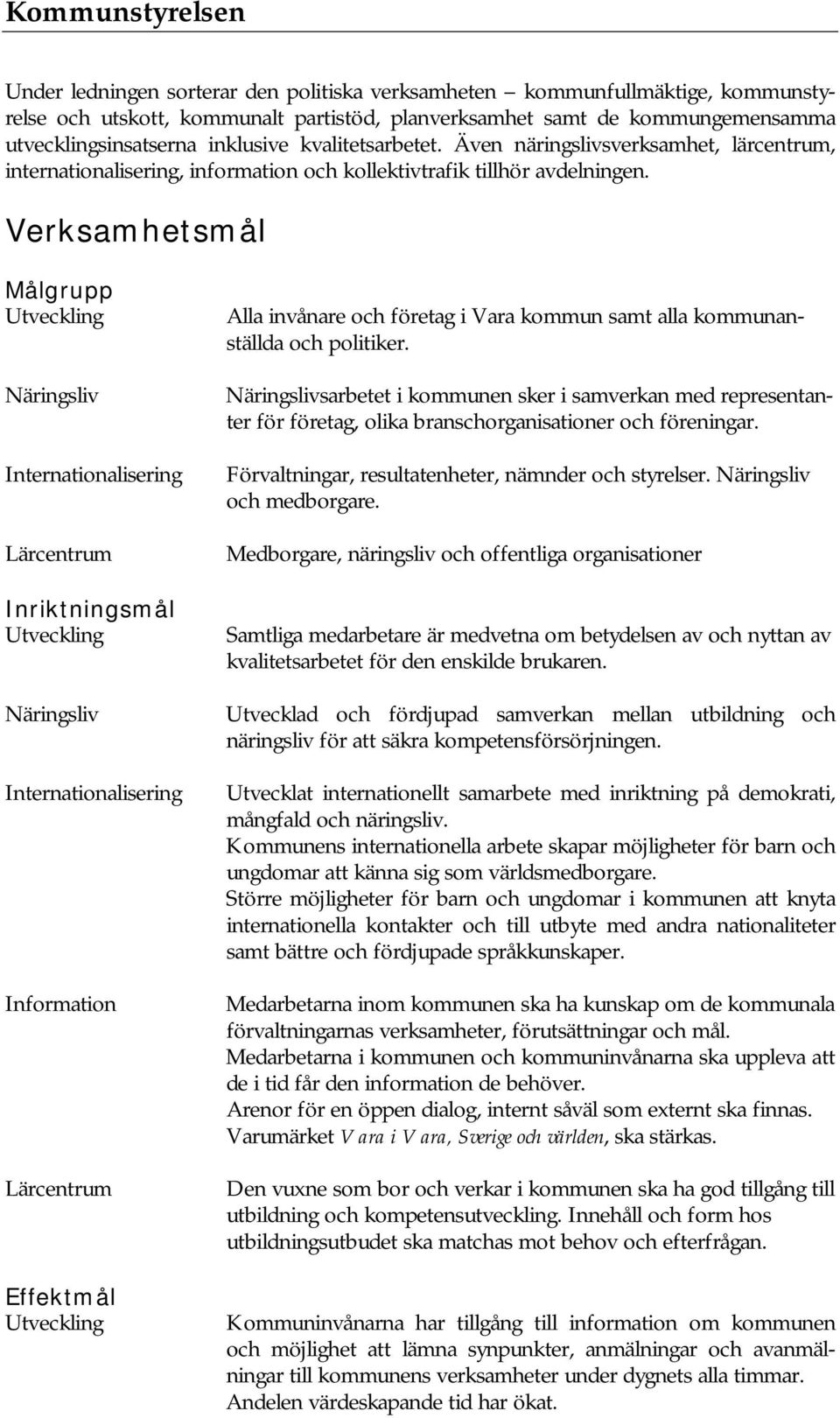 Verksamhetsmål Målgrupp Utveckling Näringsliv Internationalisering Lärcentrum Inriktningsmål Utveckling Näringsliv Internationalisering Information Lärcentrum Effektmål Utveckling Alla invånare och