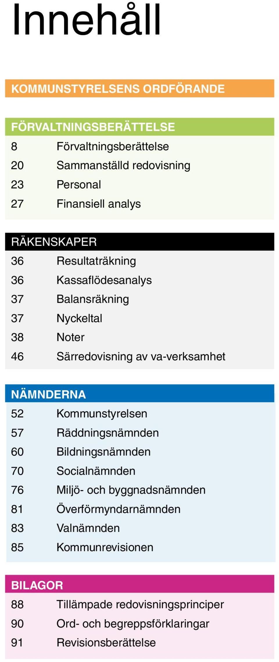 va-verksamhet NÄMNDERNA 52 Kommunstyrelsen 57 Räddningsnämnden 60 Bildningsnämnden 70 Socialnämnden 76 Miljö- och byggnadsnämnden 81