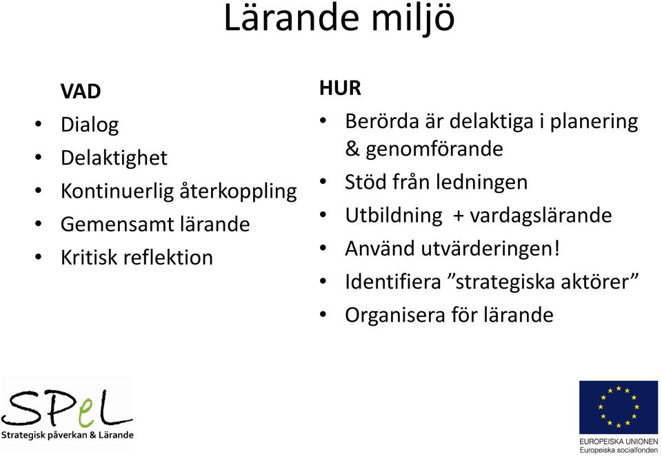 planering & genomförande Stöd från ledningen Utbildning +