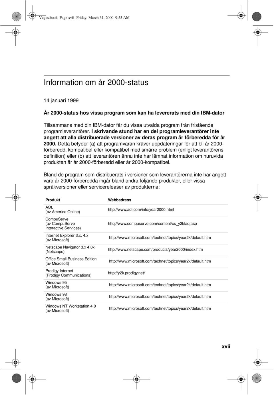 du vissa utvalda program från fristående programleverantörer. I skrivande stund har en del programleverantörer inte angett att alla distribuerade versioner av deras program är förberedda för år 2000.