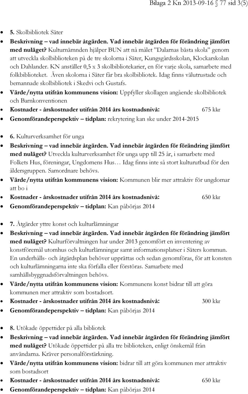 KN anställer 0,5 x 3 skolbibliotekarier, en för varje skola, samarbete med folkbiblioteket. Även skolorna i Säter får bra skolbibliotek.