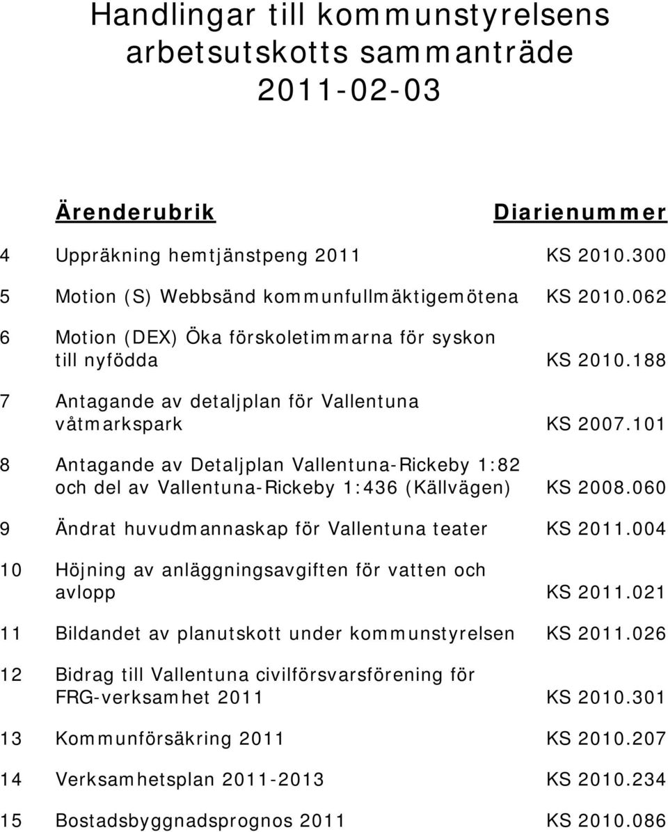 101 8 Antagande av Detaljplan Vallentuna-Rickeby 1:82 och del av Vallentuna-Rickeby 1:436 (Källvägen) KS 2008.060 9 Ändrat huvudmannaskap för Vallentuna teater KS 2011.