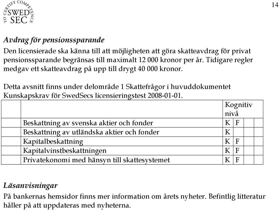 Detta avsnitt finns under delområde 1 Skattefrågor i huvuddokumentet Kognitiv nivå Beskattning av svenska aktier och fonder Beskattning av utländska aktier och