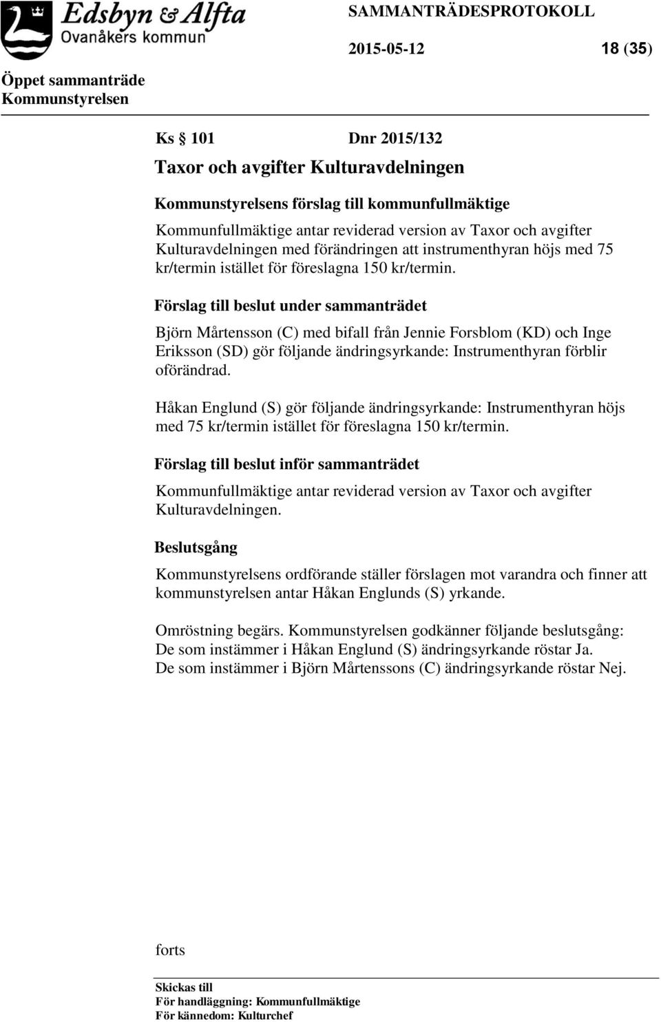 Förslag till beslut under sammanträdet Björn Mårtensson (C) med bifall från Jennie Forsblom (KD) och Inge Eriksson (SD) gör följande ändringsyrkande: Instrumenthyran förblir oförändrad.