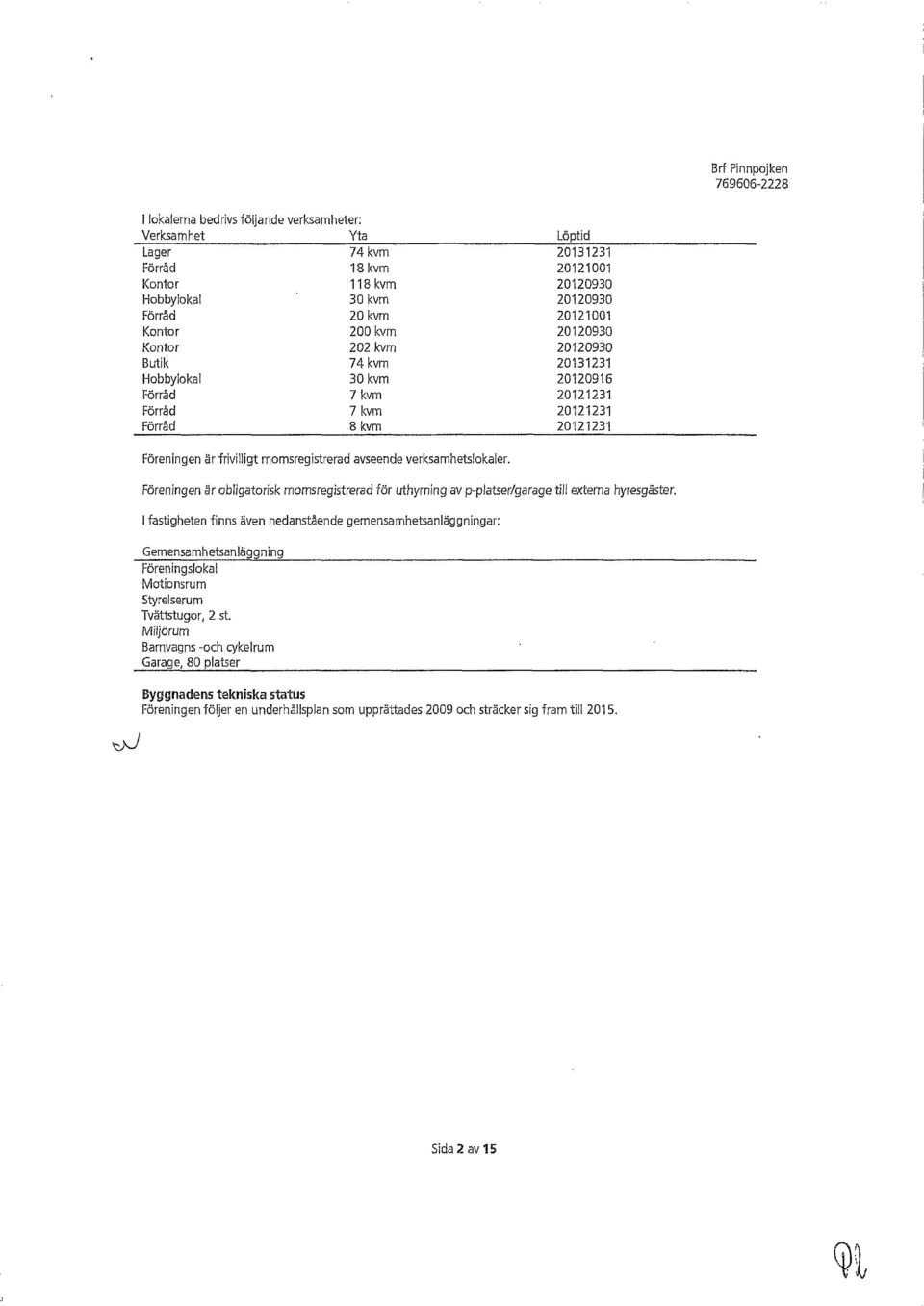 verksamhetslokaler. Föreningen är obligatorisk momsregistrerad för uthyrning av p-platser/garage till externa hyresgäster.