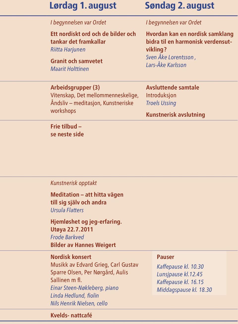 Sven Åke Lorentsson, Lars-Åke Karlsson Arbeidsgrupper (3) Vitenskap, Det mellommenneskelige, Åndsliv meditasjon, Kunstneriske workshops Avsluttende samtale Introduksjon Troels Ussing Kunstnerisk