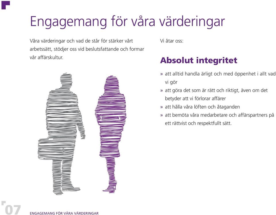 Vi åtar oss: Absolut integritet» att alltid handla ärligt och med öppenhet i allt vad vi gör» att göra det som är rätt och