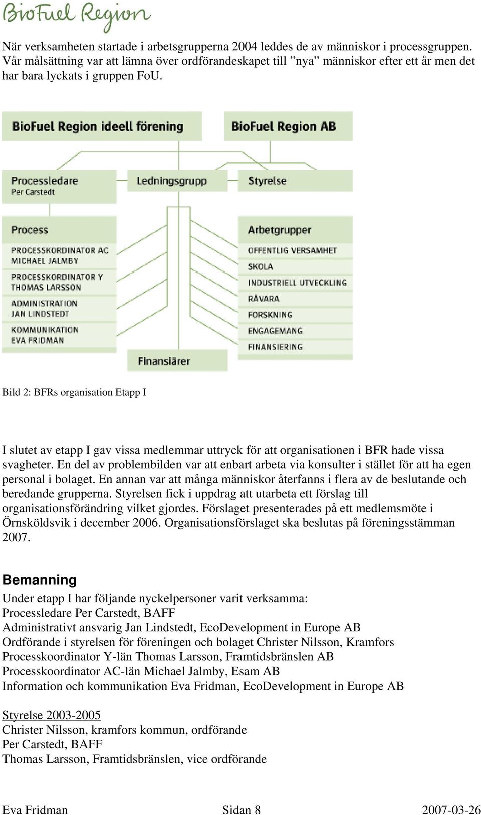 Bild 2: BFRs organisation Etapp I I slutet av etapp I gav vissa medlemmar uttryck för att organisationen i BFR hade vissa svagheter.