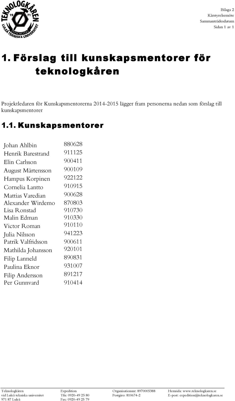 -2015 lägger fram personerna nedan som förslag till kunskapsmentorer 1.1. Kunskapsmentorer Johan Ahlbin 880628 Henrik Barestrand 911125 Elin Carlsson 900411 August Mårtensson 900109 Hampus Korpinen