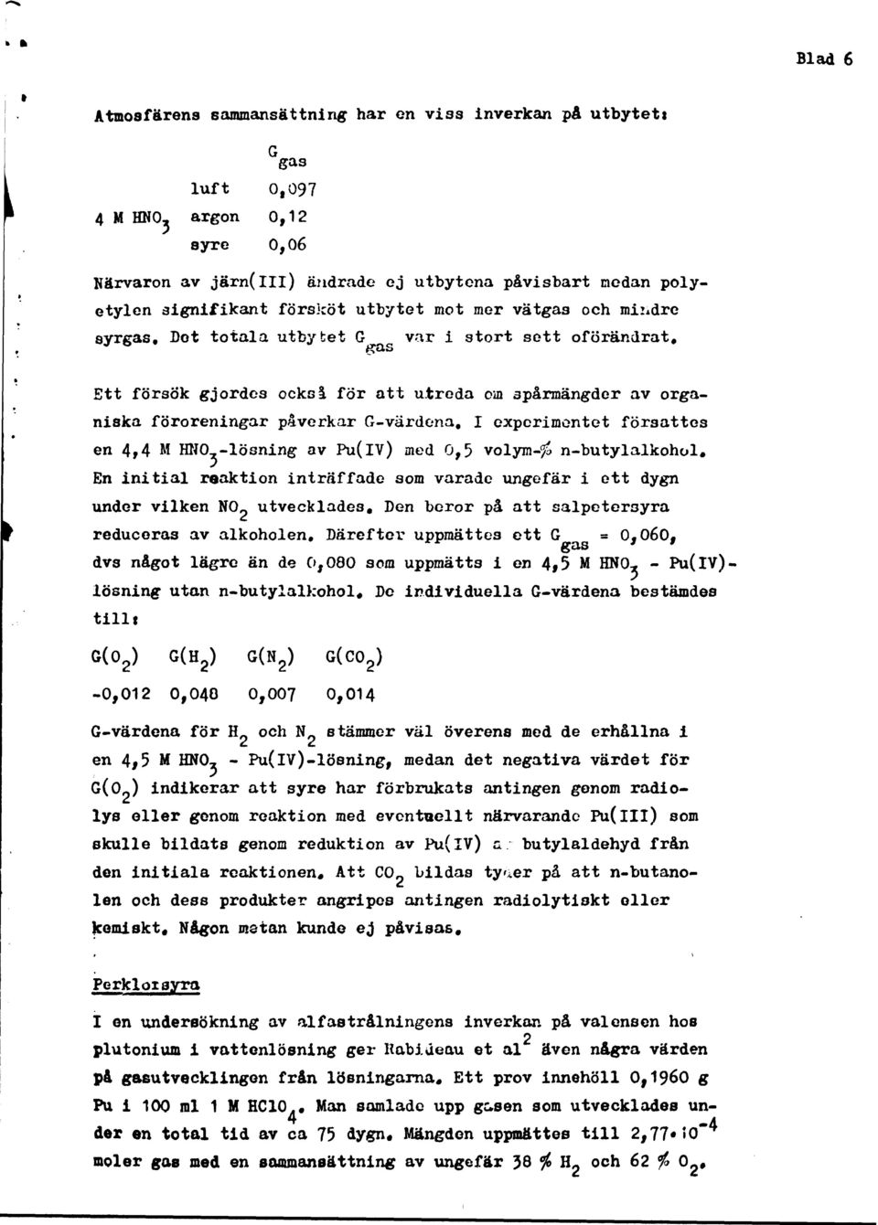 Det totala utbytet G gas var i stort sett oförändrat» Ett försök gjordes också för att utreda om spårmängder av organiska föroreningar påverkar G-värdona, I experimentet försattes en 4>4 M HNO.