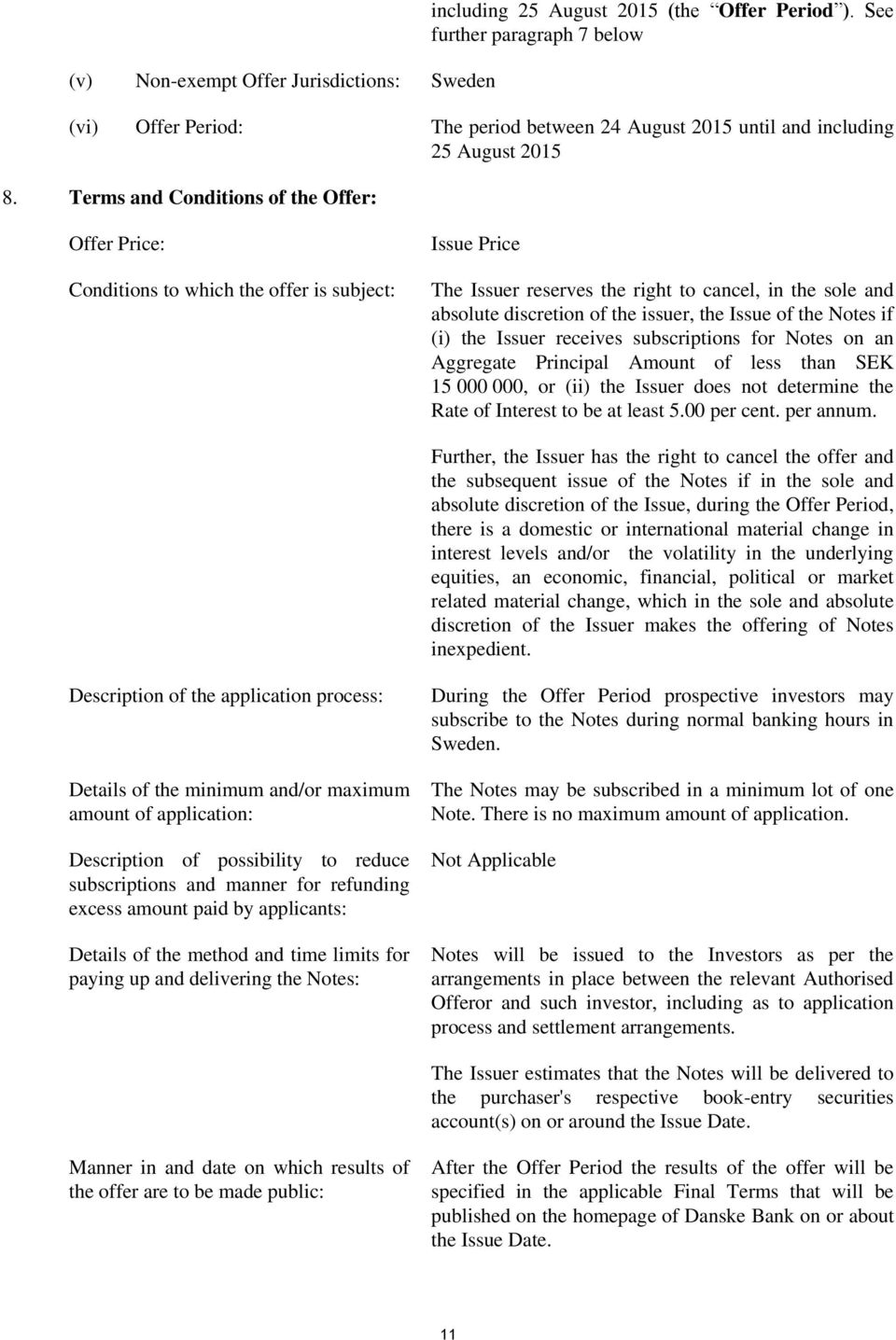 Terms and Conditions of the Offer: Offer Price: Conditions to which the offer is subject: Issue Price The Issuer reserves the right to cancel, in the sole and absolute discretion of the issuer, the