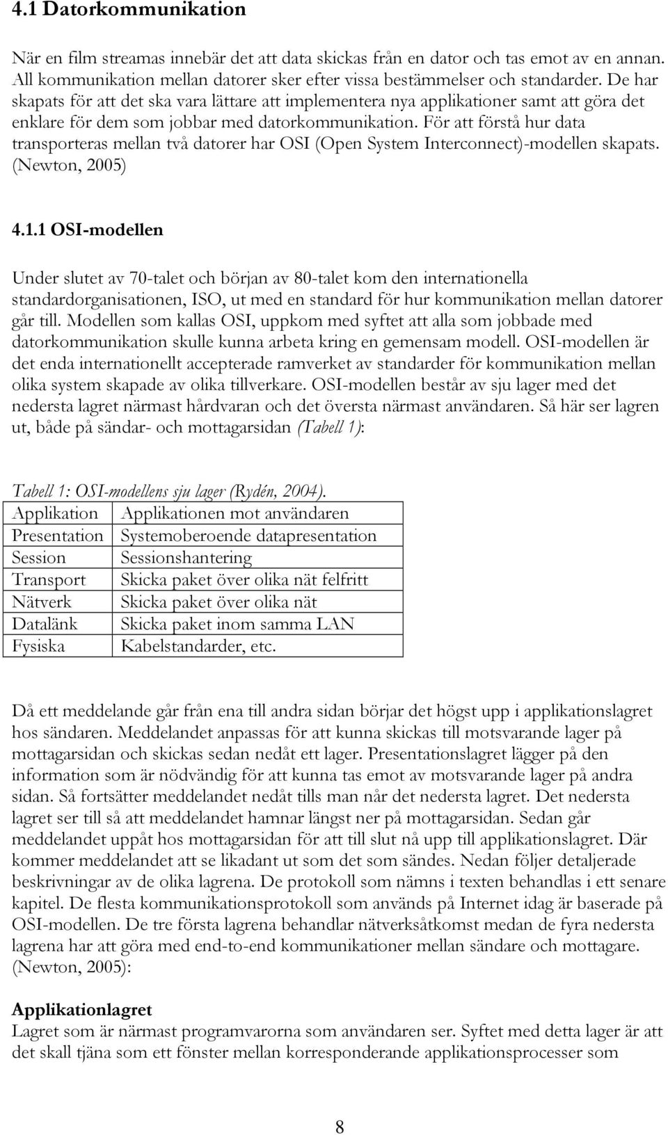 För att förstå hur data transporteras mellan två datorer har OSI (Open System Interconnect)-modellen skapats. (Newton, 2005) 4.1.