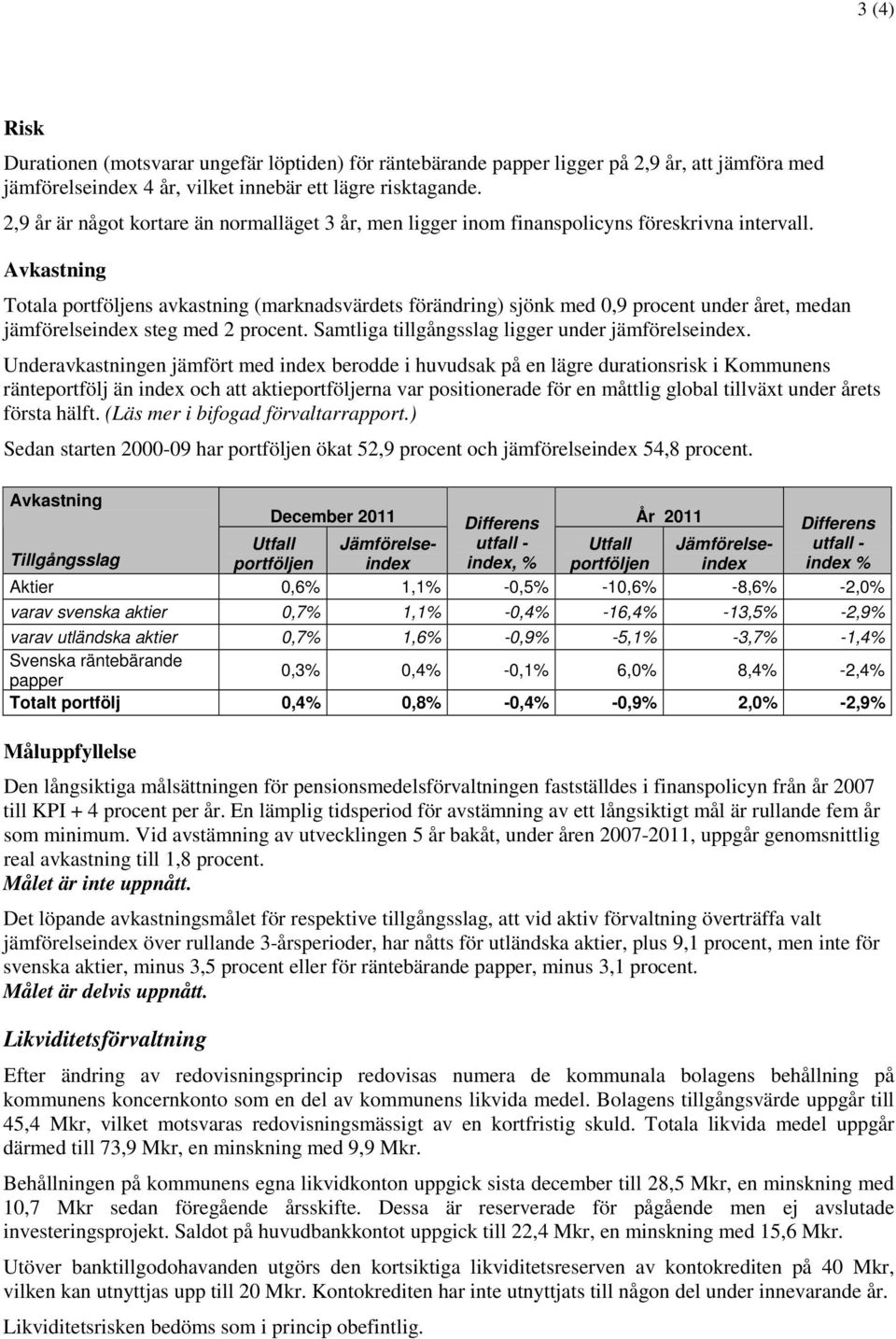 Avkastning Totala portföljens avkastning (marknadsvärdets förändring) sjönk med 0,9 procent under året, medan jämförelseindex steg med 2 procent. Samtliga tillgångsslag ligger under jämförelseindex.