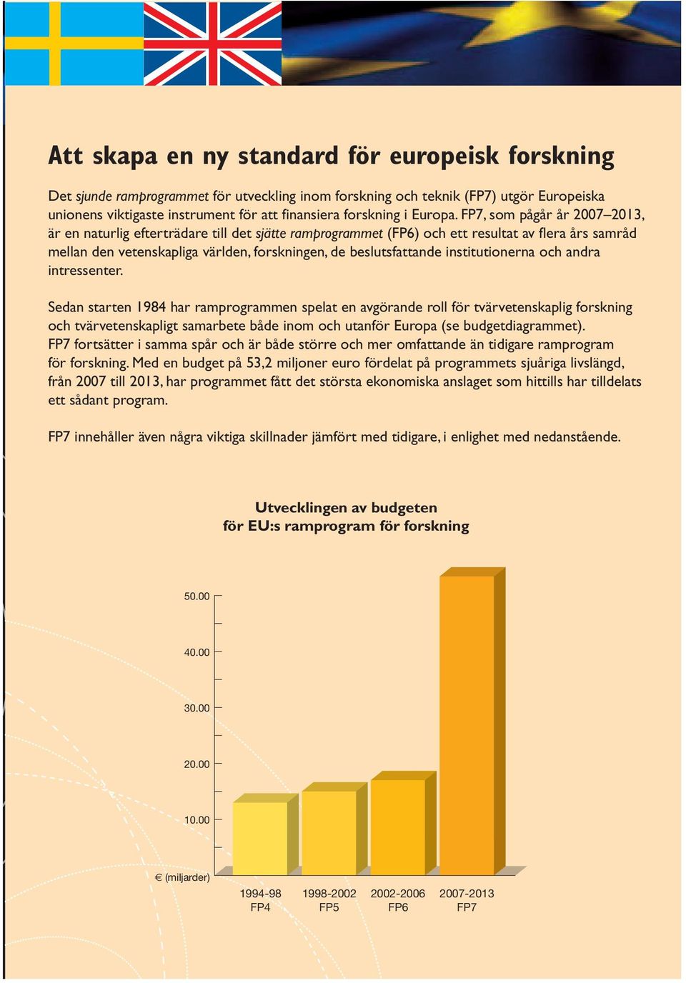 FP7, som pågår år 2007 2013, är en naturlig efterträdare till det sjätte ramprogrammet (FP6) och ett resultat av flera års samråd mellan den vetenskapliga världen, forskningen, de beslutsfattande