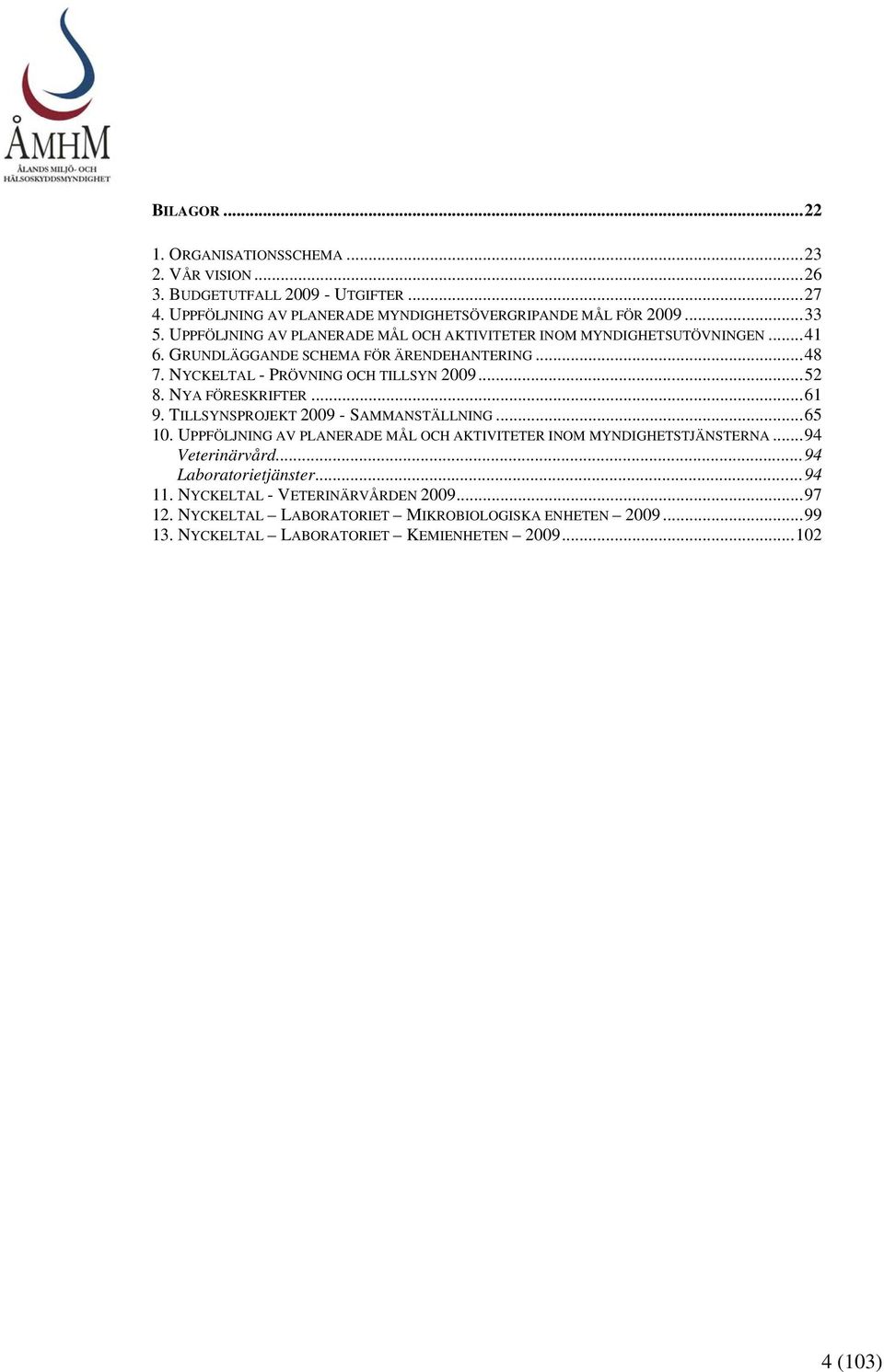 NYA FÖRESKRIFTER...61 9. TILLSYNSPROJEKT 2009 - SAMMANSTÄLLNING...65 10. UPPFÖLJNING AV PLANERADE MÅL OCH AKTIVITETER INOM MYNDIGHETSTJÄNSTERNA...94 Veterinärvård.