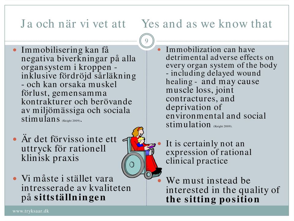 Är det förvisso inte ett uttryck för rationell klinisk praxis Vi måste i stället vara intresserade av kvaliteten på sittställningen 9 Immobilization can have detrimental adverse effects on every