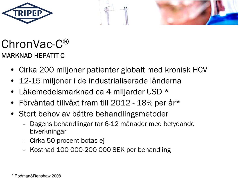 2012-18% per år* Stort behov av bättre behandlingsmetoder Dagens behandlingar tar 6-12 månader med