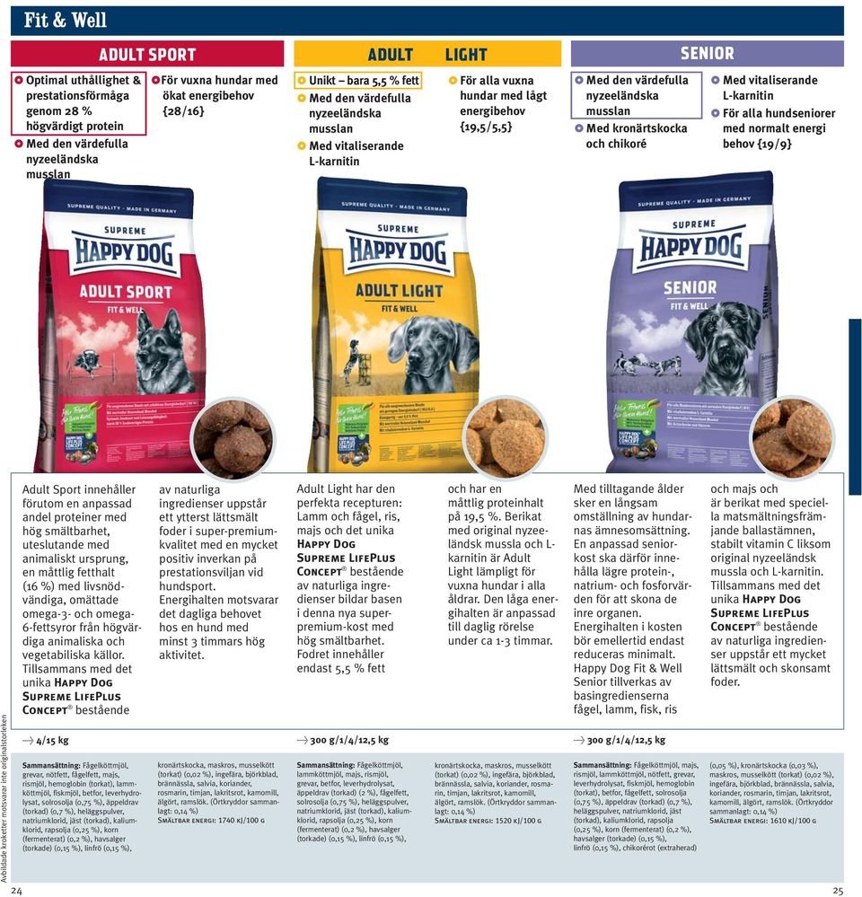 musslan 1 Med kronärtskocka och chikoré 1 Med vitaliserande L-karnitin 1 För alla hundseniorer med normalt energi behov {19/9} Avbildade kroketter motsvarar inte originalstorleken 24 Adult Sport