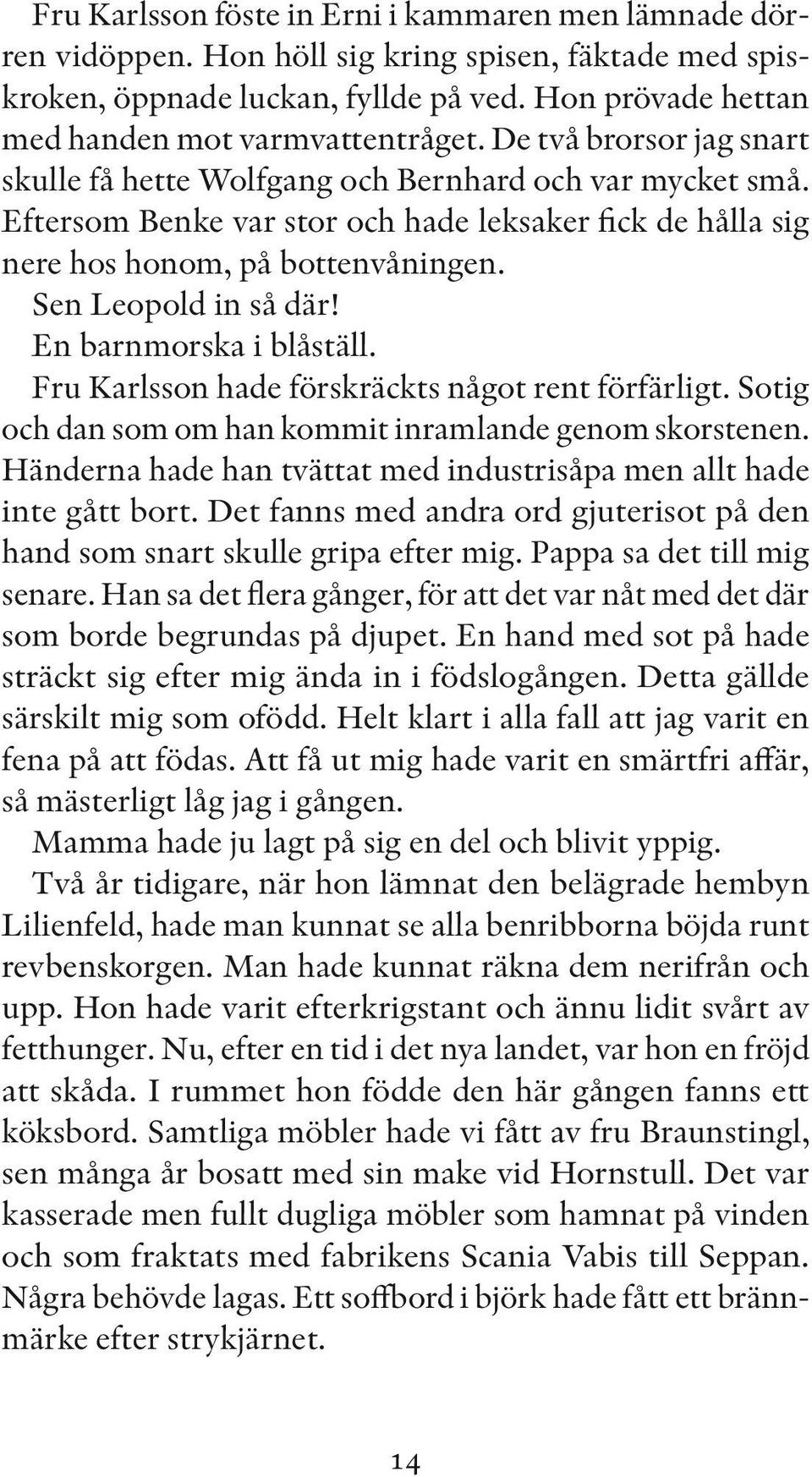 En barnmorska i blåställ. Fru Karlsson hade förskräckts något rent förfärligt. Sotig och dan som om han kommit inramlande genom skorstenen.