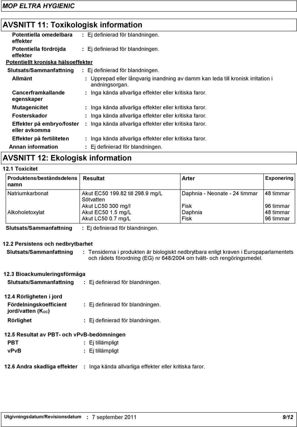 definierad för blandningen. Upprepad eller långvarig inandning av damm kan leda till kronisk irritation i andningsorgan. Inga kända allvarliga effekter eller kritiska faror.