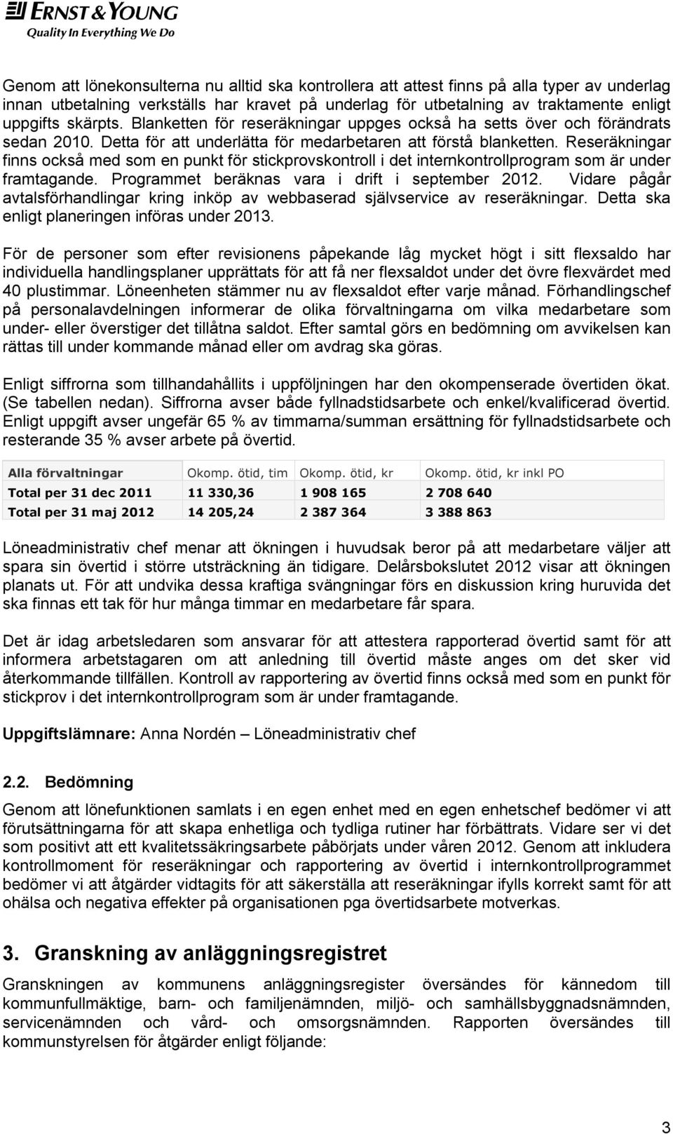 Reseräkningar finns också med som en punkt för stickprovskontroll i det internkontrollprogram som är under framtagande. Programmet beräknas vara i drift i september 2012.