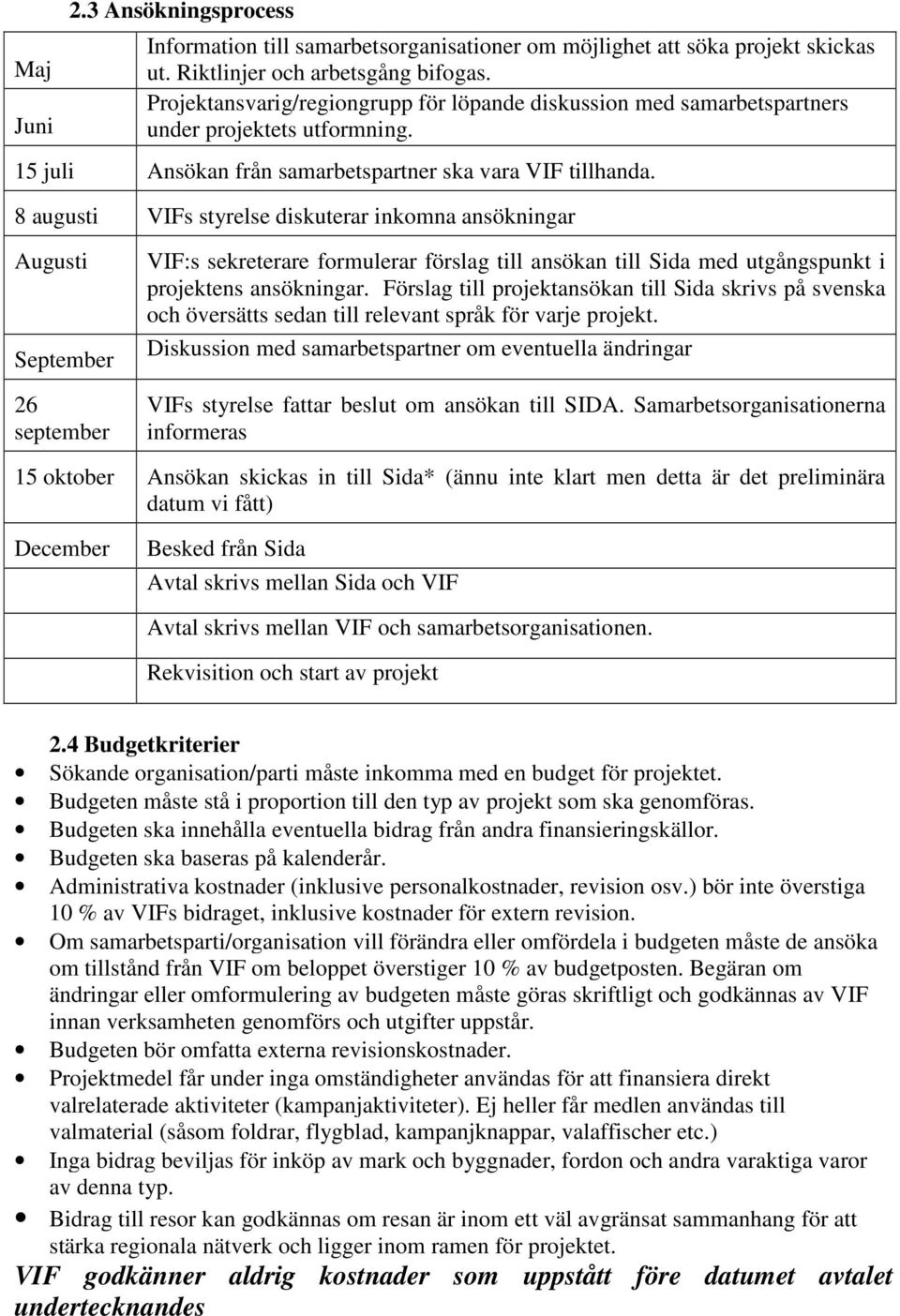 8 augusti VIFs styrelse diskuterar inkomna ansökningar Augusti September 26 september VIF:s sekreterare formulerar förslag till ansökan till Sida med utgångspunkt i projektens ansökningar.