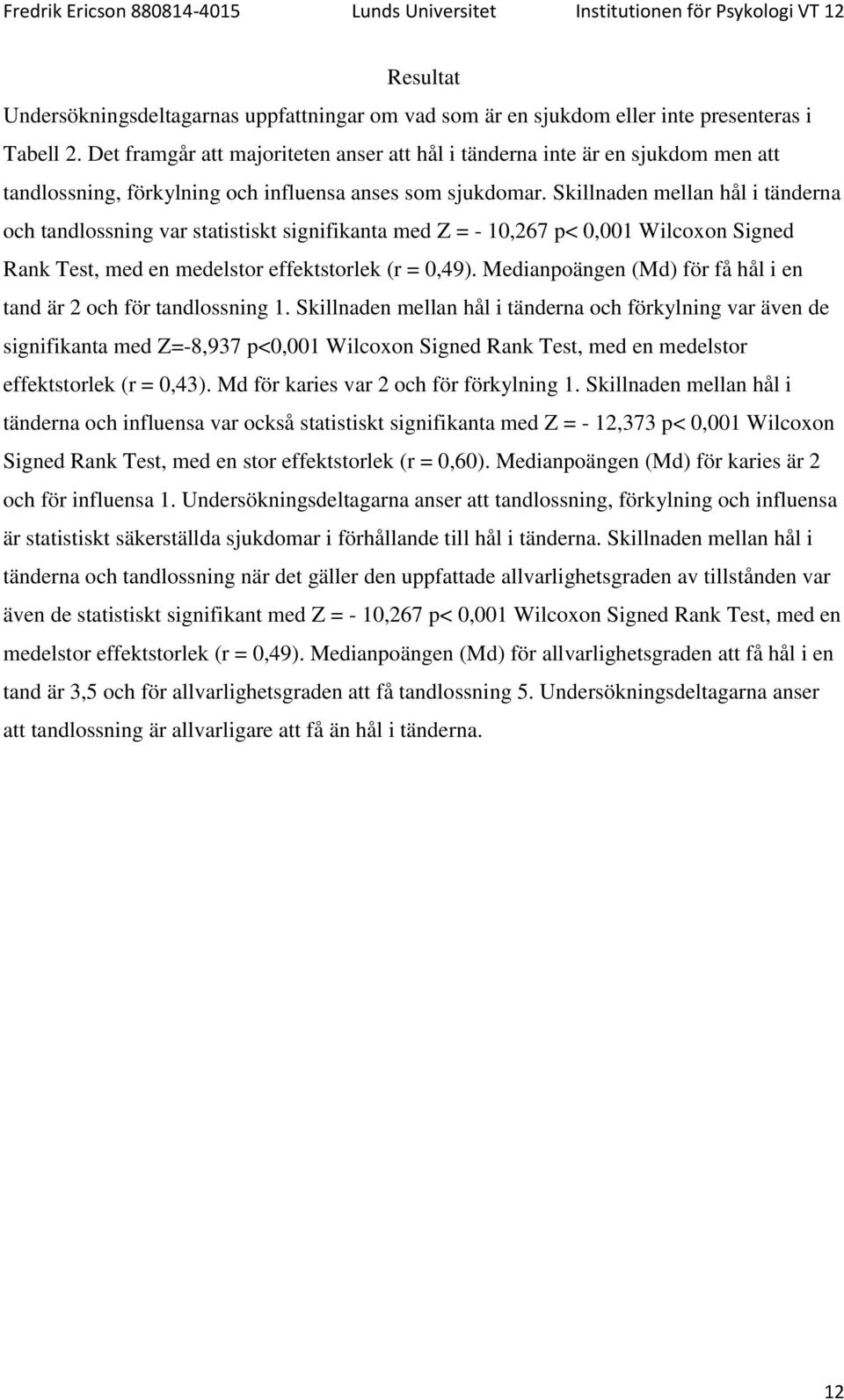 Skillnaden mellan hål i tänderna och tandlossning var statistiskt signifikanta med Z = - 10,267 p< 0,001 Wilcoxon Signed Rank Test, med en medelstor effektstorlek (r = 0,49).