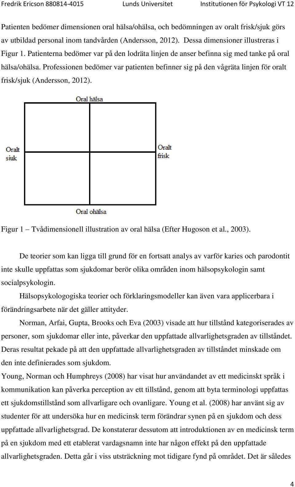 Professionen bedömer var patienten befinner sig på den vågräta linjen för oralt frisk/sjuk (Andersson, 2012). Figur 1 Tvådimensionell illustration av oral hälsa (Efter Hugoson et al., 2003).