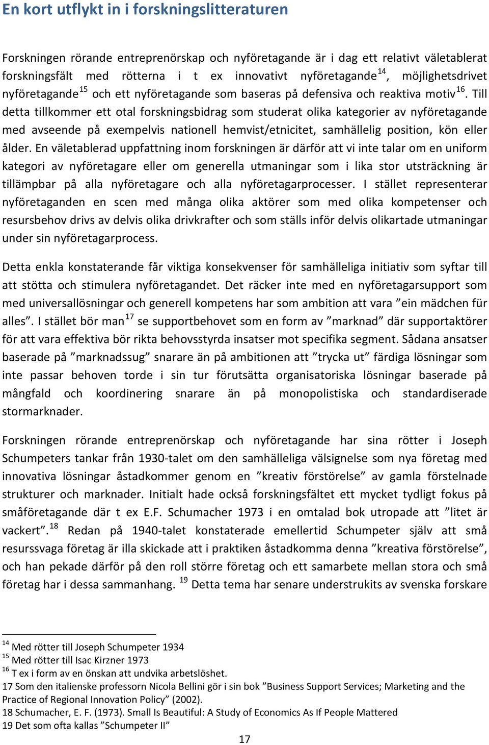 Till detta tillkommer ett otal forskningsbidrag som studerat olika kategorier av nyföretagande med avseende på exempelvis nationell hemvist/etnicitet, samhällelig position, kön eller ålder.