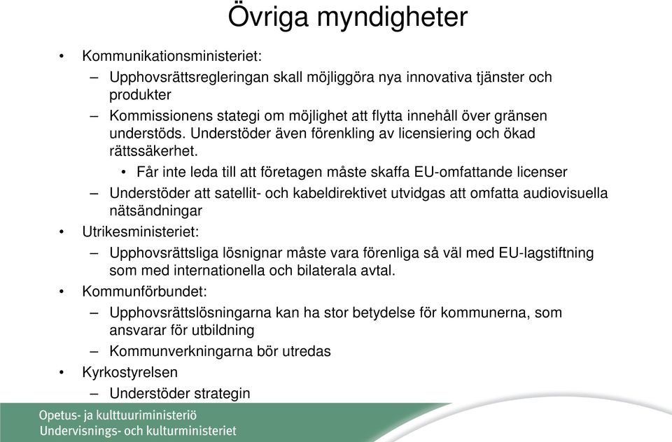 Får inte leda till att företagen måste skaffa EU-omfattande licenser Understöder att satellit- och kabeldirektivet utvidgas att omfatta audiovisuella nätsändningar Utrikesministeriet: