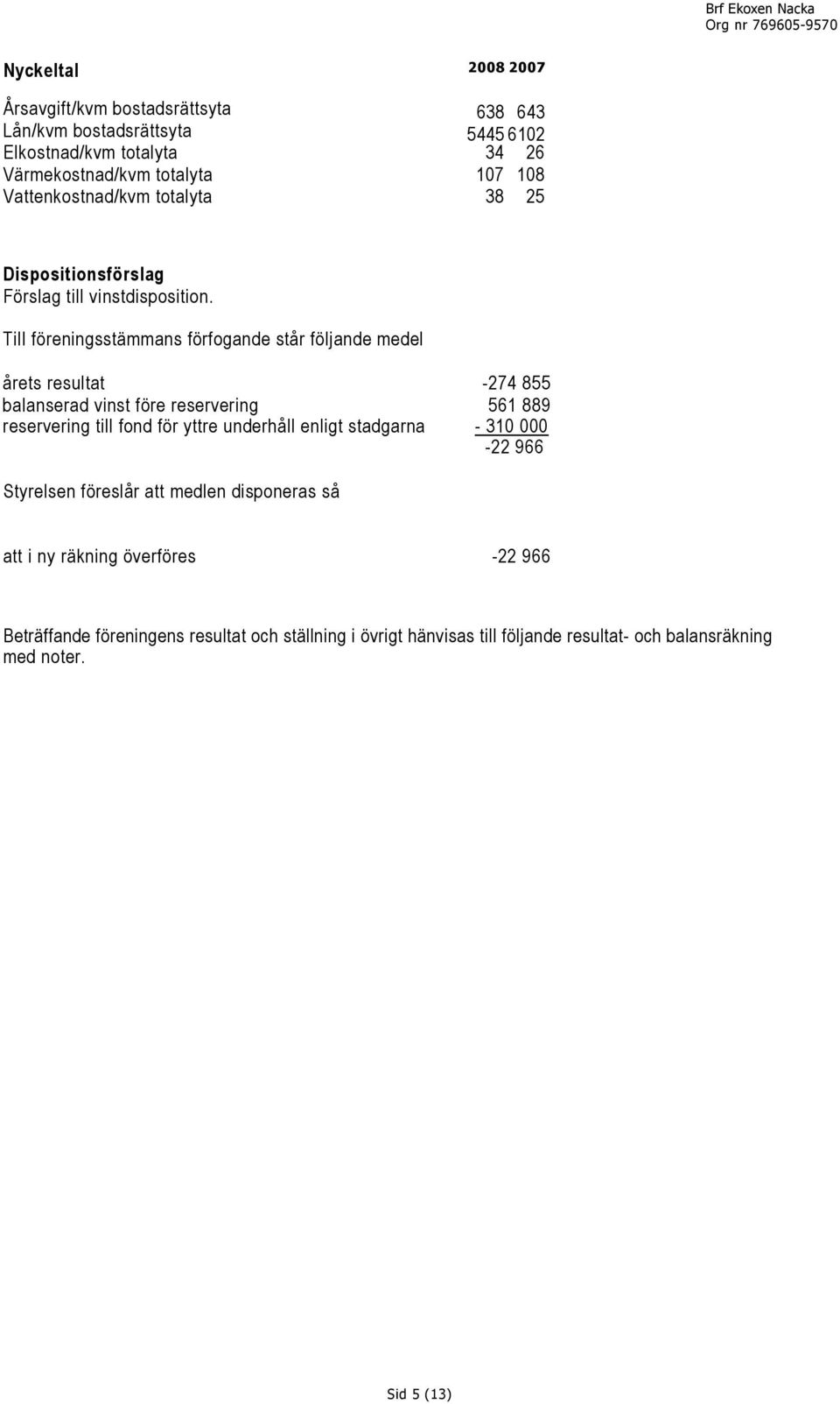 Till föreningsstämmans förfogande står följande medel årets resultat -274 855 balanserad vinst före reservering 561 889 reservering till fond för yttre