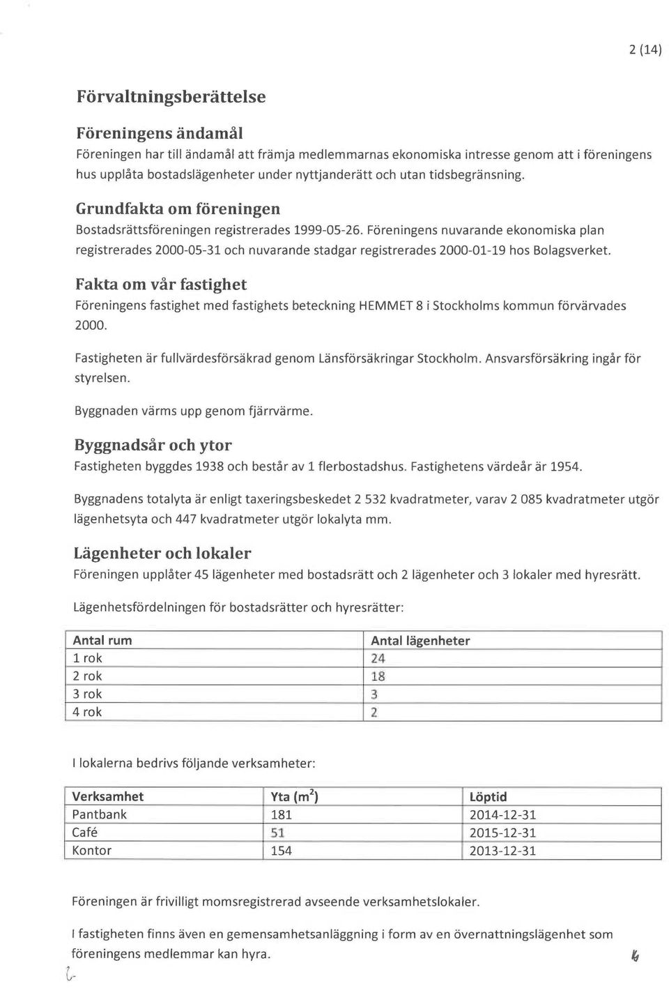 Foreningens nuvarande ekonomiska plan registrerades 2000-05-31 och nuvarande stadgar registrerades 2000-01-19 hos Bolagsverket.