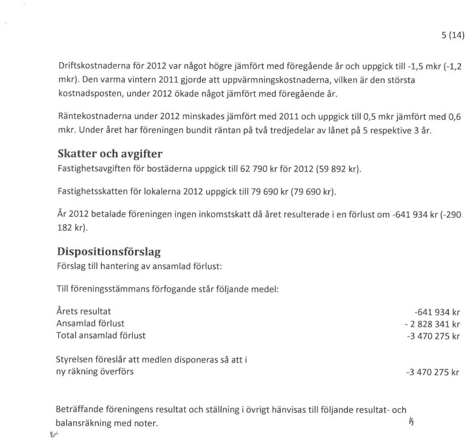 Råntekostnaderna under 2012 urinskades jåmfort med 2011 och uppgick till 0,5 mkr j~mfort med 0,6 mkr. Under året har foreningen bundit råntan på två tredjedelar av lånet på 5 respektive 3år.